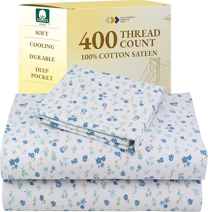 California Design Den Deep Pocket Twin Sheets Set - 400 Thread Count Sateen, Natural 100% Cotton Sheets, Cooling and Durable Bedding Set - Blooming Meadows