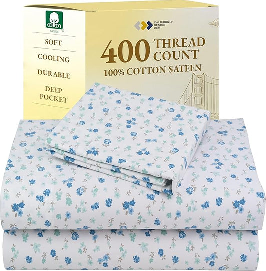 California Design Den Printed Twin XL Sheet Sets - 400 Thread Count Sateen, Natural 100% Cotton Sheets, Deep Pockets, Cooling and Durable Bedding Set - Blooming Meadows