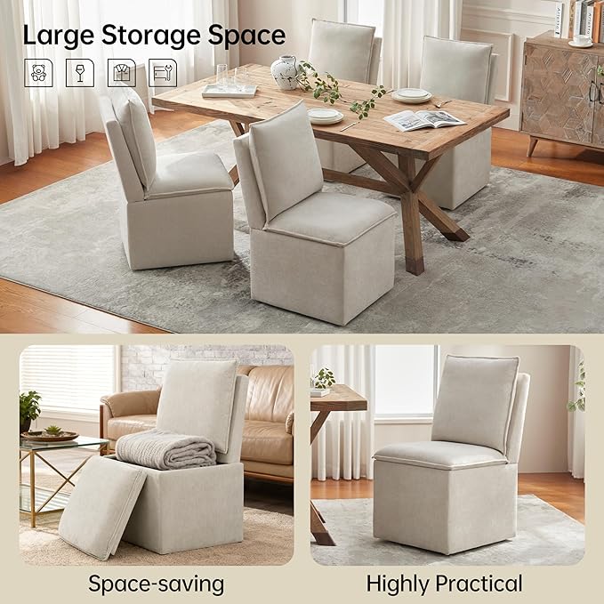 VKNOW Upholstered Dining Chairs, Modern Rolling Chairs with Storage and Wheels, Linen Armless Chair with Cushion and Backrest, Dining Room Chairs for Living Room Kitchen Bedroom, Beige