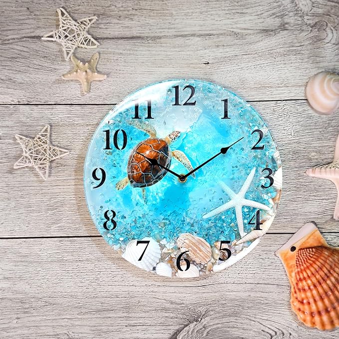 Coastal Nautical Glass Wall Clock with Seashell Design and Turtle Beach Theme - Battery Operated Silent Wall Decor for Home, Kitchen, Living Room, Office, Bedroom, or Bathroom (12 Inch,Blue)
