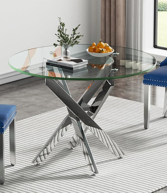 36" Round Dining Table for 4, Modern Clear Glass Kitchen Table for 4 with Silver X Metal Legs, Contemporary Small Circle Dining Room Leisure Tables for Kitchen Apartment