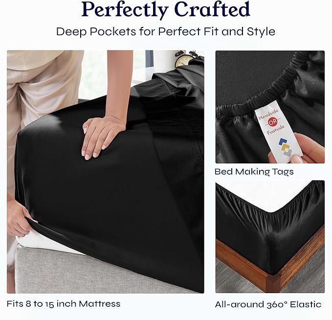 California Design Den Twin XL Sheet Sets - 400 Thread Count Sateen, 100% Cotton Sheets Set, Deep Pockets, Cooling and Durable Bedding for Dorm Rooms & Adults - Black
