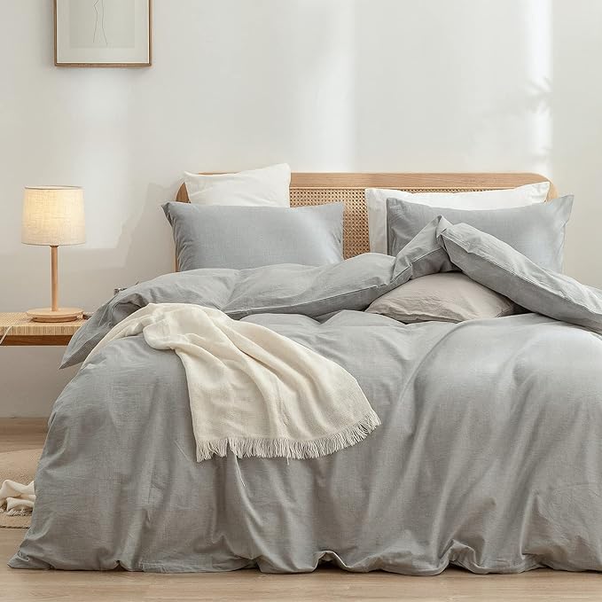 BESTOUCH Duvet Cover Set 100% Washed Cotton Linen Feel Super Soft Comfortable Chic Lightweight 3 PCs Home Bedding Set Solid Light Grey Oversized King
