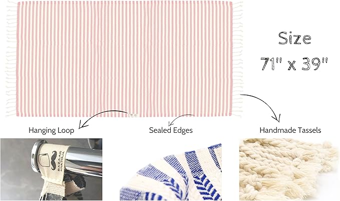 Bazaar Anatolia Turkish Beach Towel – 100% Cotton, Quick Dry, Sand Free Pastel Towel for Bathroom and Camping – Oversized 71x39 Inches – Arpa Coral