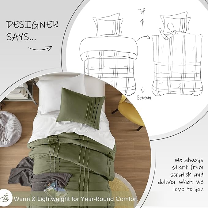 Comfort Spaces Olive Green Twin Size Comforter Set - 2 Pieces Pintuck Pleated Bedding Sets, All Season Lightweight, Extra Softness Pre-Washed Microfiber Twin Bed Set, Shams, Twin