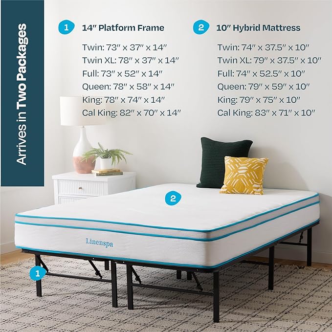 Linenspa 10” Memory Foam and Innerspring Hybrid Mattress + 14” Black Metal Platform Bedframe – King Mattress + Metal Folding King Bedframe