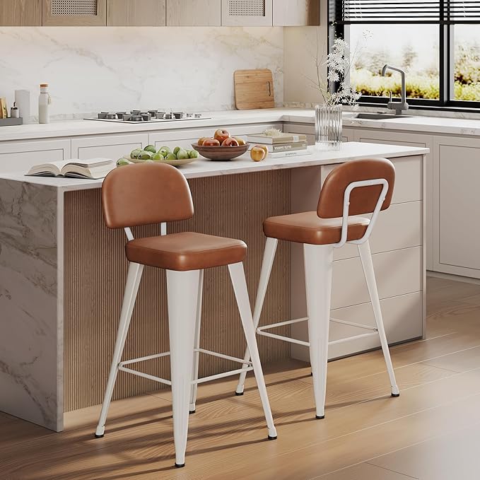 Aklaus PU Leather Metal Bar Stools 30 inch Faux Leather Bar Height Barstools Set of 2 Modern Farmhouse Bar Chairs with High Backs and Faux Leather Seat for Kitchen Island Dining Room White Brown