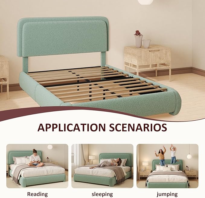 Full Boucle Platform Bed Frame with Height Adjustable Headboard, Modern Upholstered Cloud Bed, Sleek Curved Design, No Box Spring Needed, Easy Assembly, Noise Free,Green