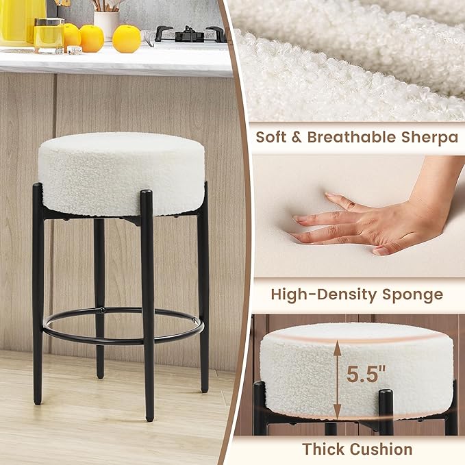 Counter Height Bar Stools, Set of 4, 24" Modern Backless Bar Stools, Ideal for Kitchen Counter, Kitchen Island, Boucle Sherpa Padded Cover, with Round Soft Seat and Foot Rest, White