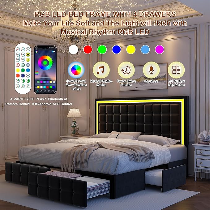 King Bed Frame with LED Lights & Storage Drawers, No Box Spring Needed, Heavy Duty 900lbs Weight Capacity, Easy Assembly, Modern Upholstered Platform Bed, Velvet Black