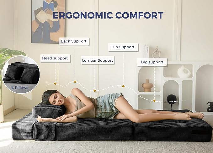 MAXYOYO Convertible Sofa Bed, Fold Out Loveseat Sleeper Sofa with Pillow, 4 in 1 Tufted Folding Couch Bed Foam Floor Couch, Lazy Chair for Living Room Bedroom Guest Room, Black