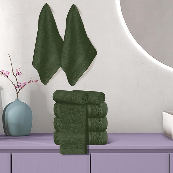 BOUTIQUO Ultra Soft Cotton Washcloths, Contains 12 Piece Face Cloths 12x12 inch, Ideal for Everyday use Face Towels, Compact & Lightweight Multi Purpose Washcloths - Olive Green