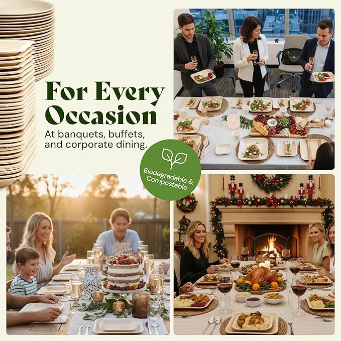 Chic Leaf Round Palm Leaf Plates - 10-Inch & 7-Inch, Pack of 48 - Compostable Disposable Bamboo Plates for Parties, Christmas Dinner, Turkey Family Meal and Holiday Food