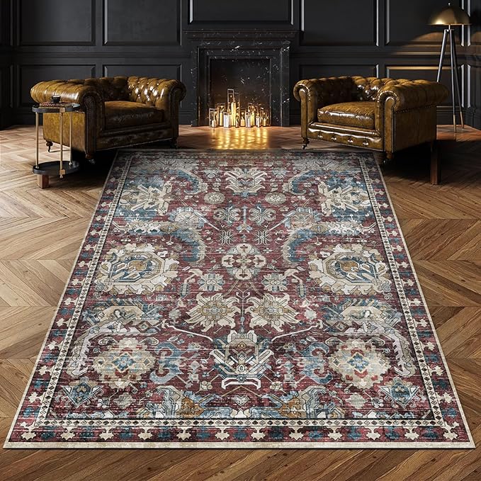 RUGSURE Washable Area Rugs - Perfect for Living Room, Bedroom, Kids Room, Nursery - Stain & Water Resistant Non-Slip, Pet & Child Friendly, Vintage Tribal Area Rugs (Rust and Blue, 4' x 6')