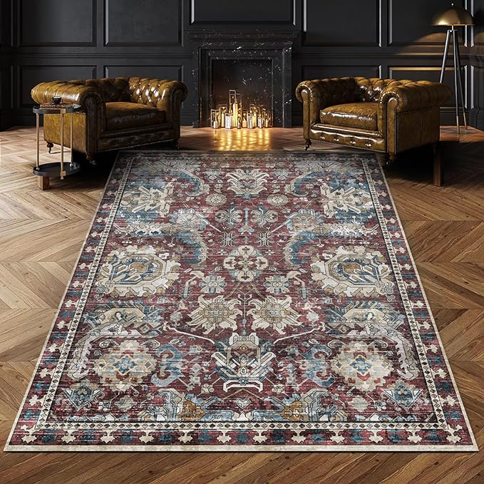 RUGSURE Washable Area Rugs - Perfect for Living Room, Bedroom, Kids Room, Nursery - Stain & Water Resistant Non-Slip, Pet & Child Friendly, Vintage Tribal Area Rugs (Rust and Blue, 5' x 7')