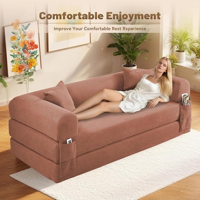 Convertible Futon Sofa Bed,80" Folding Pull Out Couch Bed with Pillows & Storage Pocket, Oversized Queen Sleeper Sofa in a Box,Corduroy Boneless Couch for Living Room,Pink
