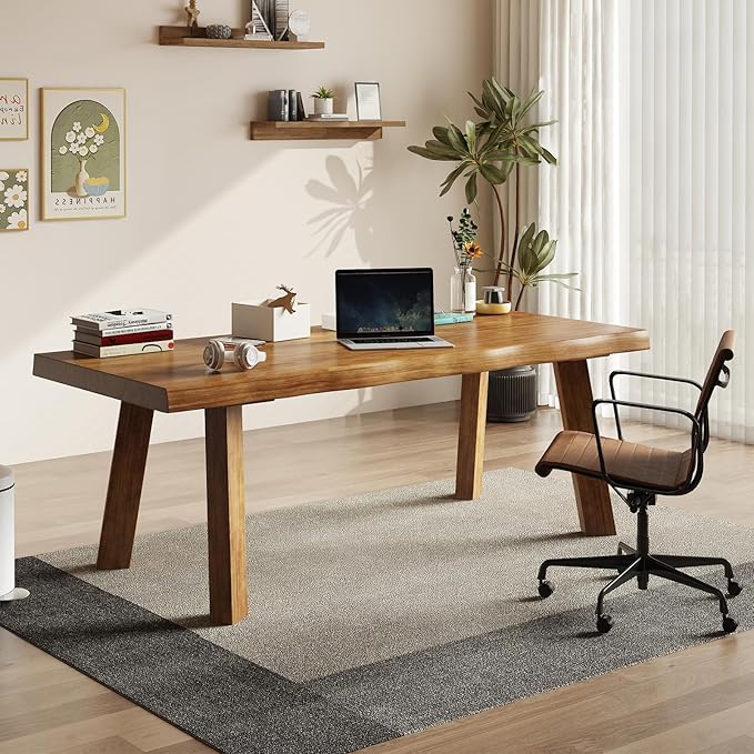 Solid Wood Desk 55 inches, Live Edge Wooden Home Office Computer Desk Modern Simple Design for Writing,Study,Dining,Gaming