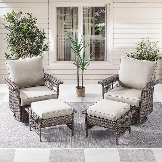 Outdoor Swivel Glider Chairs - 4 Pieces Hollow Widen Armrests Wicker Patio Furniture Set with Ottomans, High Back Outside Swivel Rocker for Balcony Porch Deck and Yard - Brown/Beige
