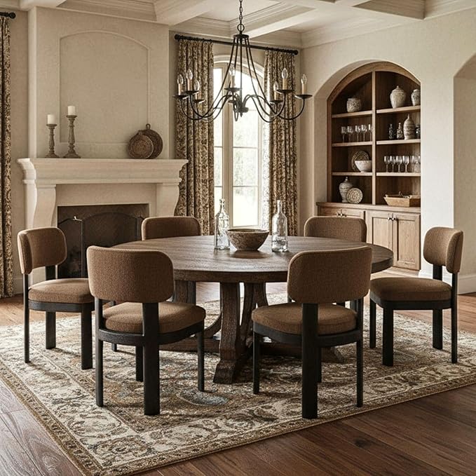 Modern Brown Upholstered Dining Chairs Set of 6 Wooden Side Chairs with Curved Backrest and Black Legs for Kitchen Island, Dining Room