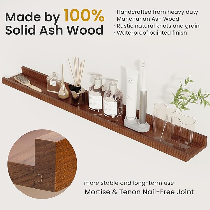 Solid Ash Wood Floating Shelves, Wood Picture Ledge Shelf Set of 2, 48 Inch Long Large Photo Ledge Shelves, Nursery Book Shelves Wall Mounted for Living Room Kids' Bedroom Decor, Color Walnut