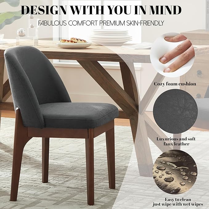 VKNOW Modern Dining Chairs Set of 2, Faux Leather Kitchen Chairs with Wood Legs, Upholstered Side Chair for Kitchen Dining Room, Black