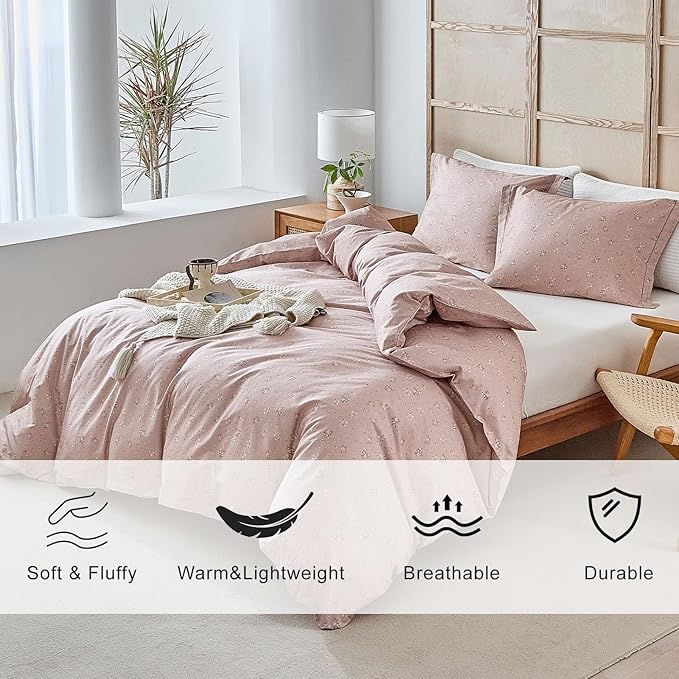 EAVD Garden Pink Floral Comforter Set Full Pink Soft Microfiber Chic Shabby Cute Floral Bedding Set 1 Full Comforter and 2 Pillowcases Fresh Reversible Botanical Comforter Set for All-Season