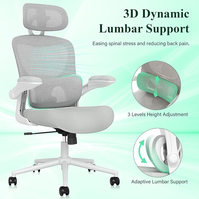 SUNNOW Ergonomic Office Chair, Comfy Mesh Desk Chair, High Back Computer Gaming Chairs with Adjustable Lumbar Support, Flip-Up Arms, Headrest, Tilt Function, Wide Cushion, Swivel Wheel, BIFMA Quality