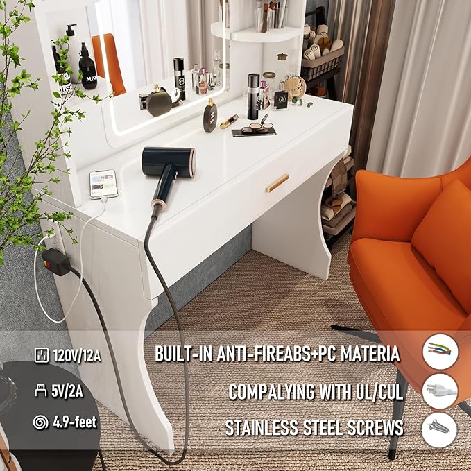 Vanity Desk, Makeup Vanity with Mirror and Lights, White Makeup Vanity Table with Big Drawer, Power Outlet, Stronger Links, for Bedroom, Dressing Room