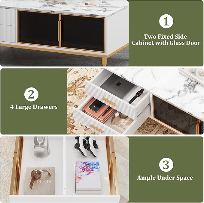 Modern White Coffee Table with Gold Metal Legs for Living Room - Large Center Table with 2 Glass Door Storage & 4 Drawers, Sintered Stone Table Top for Reception Room White