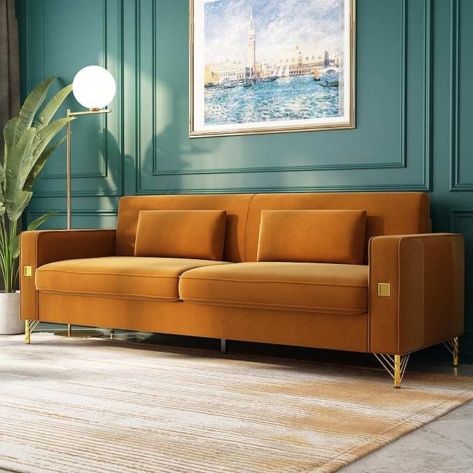 85.63" Velvet Sofa,Modern Loveseat Couch with Pillows Set of 2 for Living Room,Bedroom,Apartment Furniture with Gold Metal Legs (Orange)