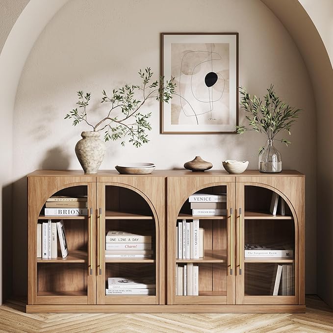 BELLEZE Set of 2 65" Arched Sideboard with Glass Door, Accent Buffet Cabinet with Storage and Adjustable Shelves, Classic Modern Large Console Table for Dining Room Living Room Entryway (Camel)