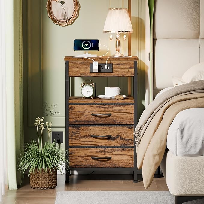 Furnulem Night Stand Set of 2, 28.3 Inch Bedside Table with Charging Station, 3 Fabric Drawers Side Table with Wood Shelf, End Table with USB Ports & Outlets for Bedroom, 3 Ways to Use, Rustic Brown