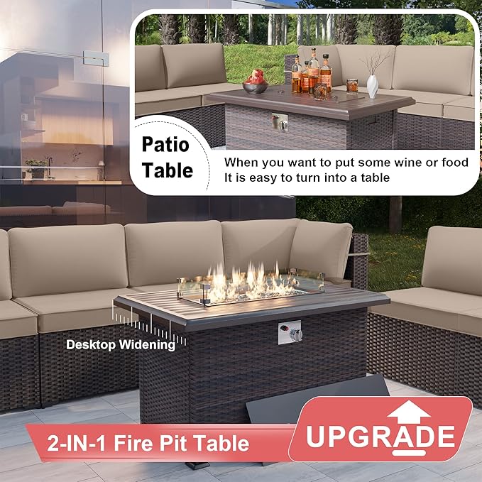 Kurapika 13 Pieces Patio Furniture Set, Rattan Wicker Outdoor Conversation Sets w/43in Propane Fire Pit Table and 4 Inch Cushion(Sand)