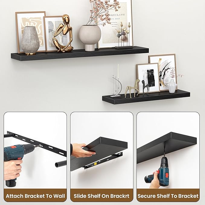Heimlove Floating Shelves for Wall,16 inchs Shelf for Small Bathroom,Mounted Storage & Display Shelves for Bedroom,Living Room,Kitchen,Office,Set of 2,Black