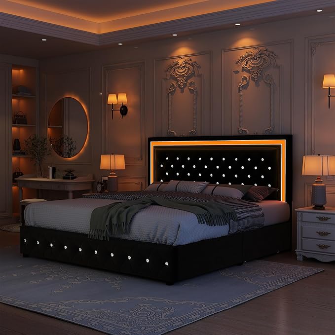 King Led Bed Frame with 4 Storage Drawers, Bed Frame with Led Lights No Box Spring Needed, 900 lbs Capacity, Easy Assembly, Velvet Black