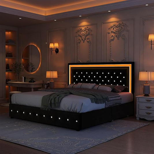 King Led Bed Frame with 4 Storage Drawers, Bed Frame with Led Lights No Box Spring Needed, 900 lbs Capacity, Easy Assembly, Velvet Black