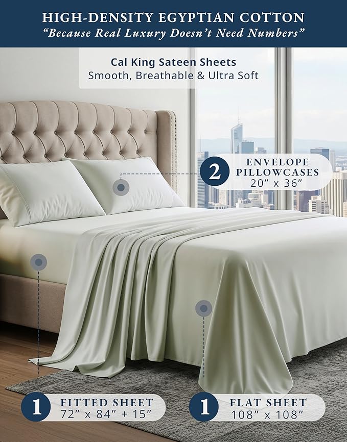 LANE LINEN 100% Egyptian Cotton Bed Sheets sábanas California King, Soft & Comfy Thick Bedding Sheets & Pillowcase Set, Machine Wash 16" Deep Pocket Cal King Sheet Set -Mineral