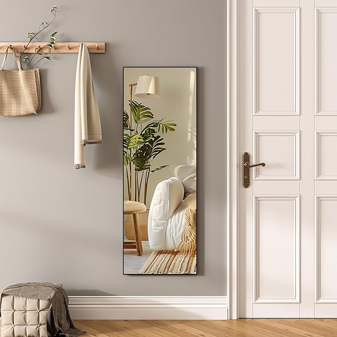 Hasipu Door Mirror Full Length, 44"x 16" Full Body Over The Door Hanging Wall Mounted Mirror for Bedroom, Living Room, Cloakroom, Square Black