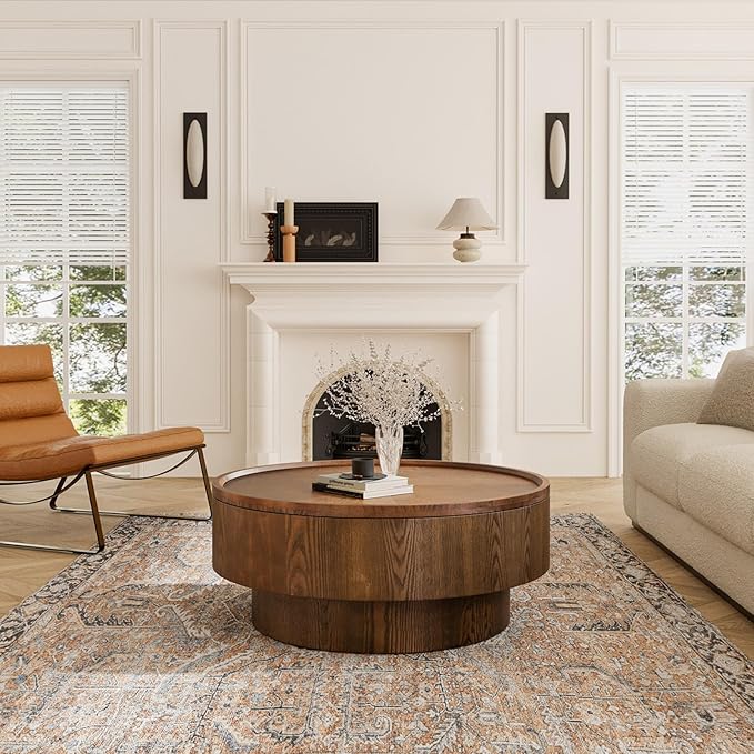 Round Coffee Table with Storage 30.7'' Modern Luxury Circle Drum Coffee Tables Farmhouse Rustic Wood Coffee Table Circle Pedestal Center Table for Living Room Apartment (Brown)
