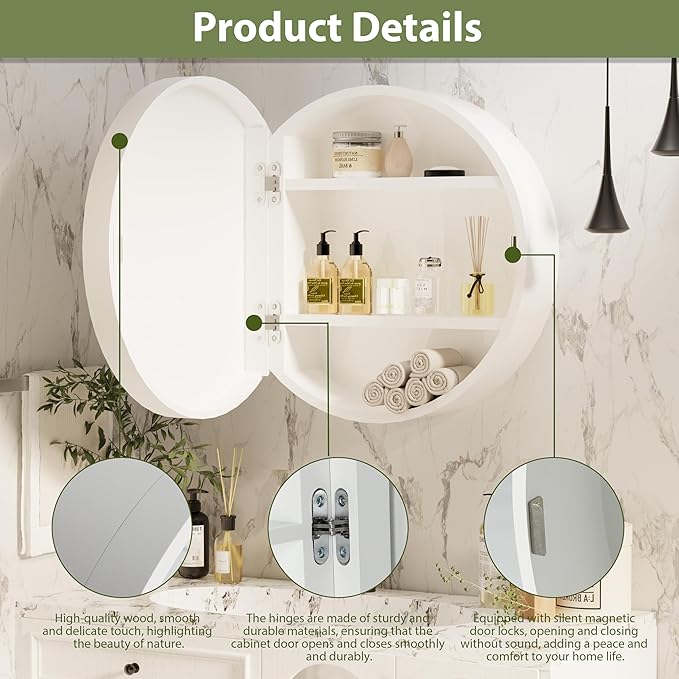 Royal Windsor 20 Inch Round Medicine Cabinet Mirror, Bathroom Mirror Wall Cabinet with Storage and Shelf, Surface Wall Mounted,Arched Cabinet Makeup Vanity Mirror for Bedroom, White