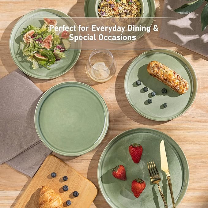 GBHOME Stoneware Dinnerware Sets for 8,Round Reactive Glaze Ceramic Plates and Bowls Set,Highly Scratch Resistant | Dishwasher & Microwave Safe Dishes Set,Service for 8(24pcs)，Light Green