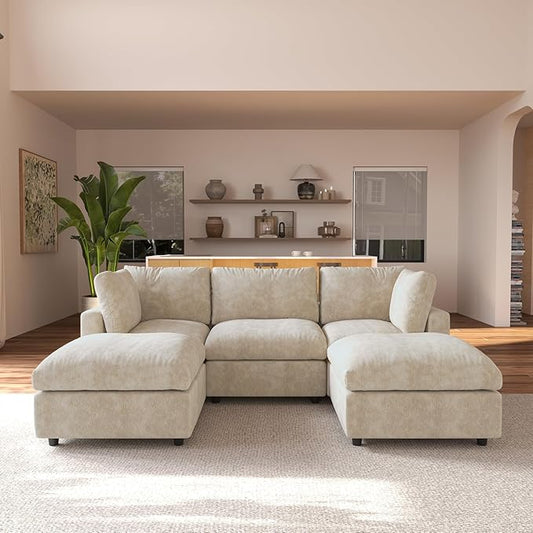 JACH U Shape Sectional Couches for Living Room, Convertible Modular Sofa with Ottomans, Cloud Sectional Couch, Sofa Covers Washable, Minimalist Couch for Living Room, Apartment, Khaki