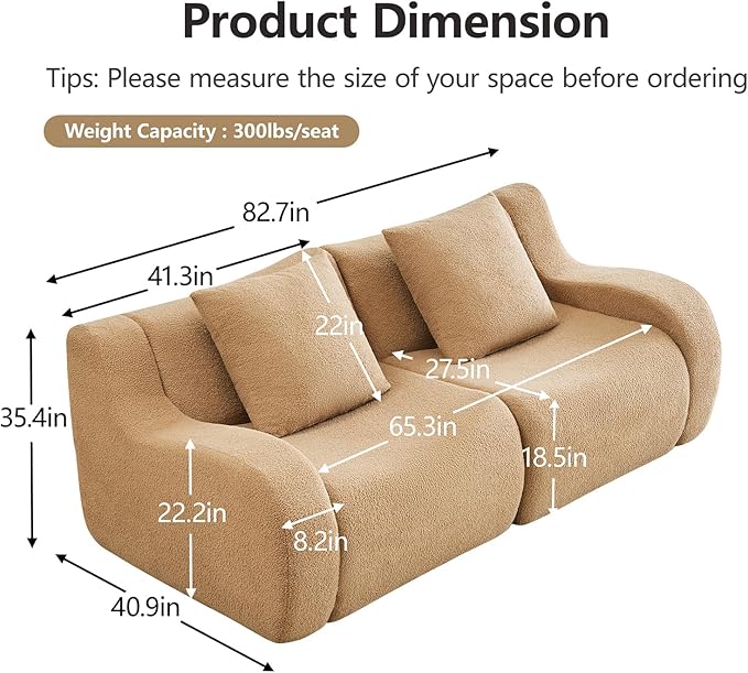 Camel Cloud Couch Loveseat, Modern Teddy Fabric Boneless Sectional Sofa in a Box for Living Room, Modular Floor Couch, No Assembly Required, Sofas para Sala