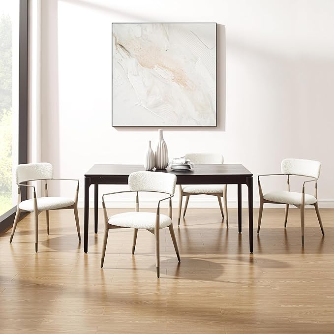 Art Leon Mid Century Modern Dining Chairs - Boucle Fabric Upholstered Dining Room Chairs with Wood Legs, Accent Arm Chair with Open Backrest, Set of 2, White