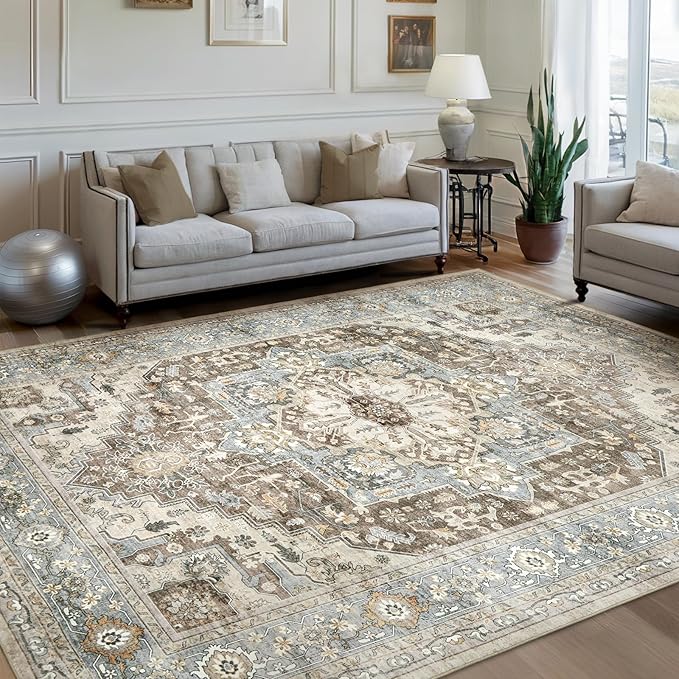 Area Rugs for Living Room 6x9 - Machine Washable Vintage Oriental Soft Rug, Low Pile Thin Floor Carpet with Non Slip Backing for Bedroom, Dorm, Under Dining Room Table, Indoor House, Office Decor