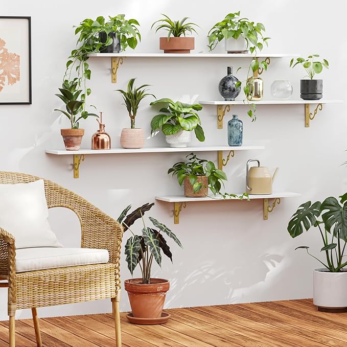DINZI LVJ Long Wall Shelves, 47.3" Large Floating Shelves Set of 4, Farmhouse Display Shelf Wall Mounted with Heavy Duty Bracket, Easy Assembly for Kitchen, Bathroom, Bedroom, Balcony, White and Gold