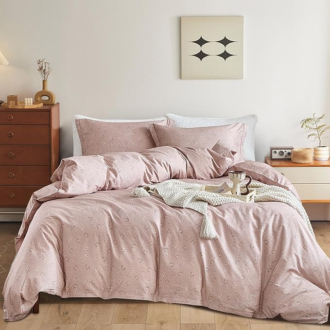 EAVD Garden Pink Floral Comforter Set Full Pink Soft Microfiber Chic Shabby Cute Floral Bedding Set 1 Full Comforter and 2 Pillowcases Fresh Reversible Botanical Comforter Set for All-Season