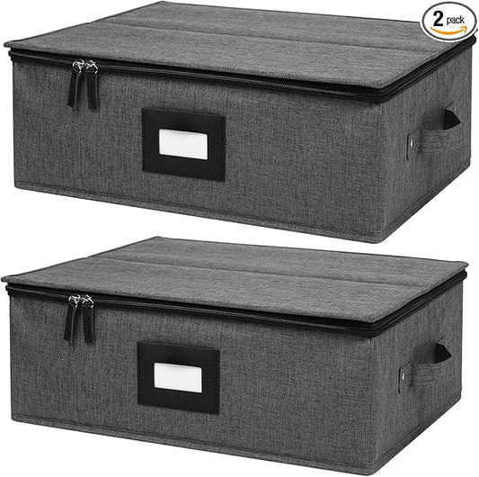 Mayniu Cup and Mug Storage Box 2Pack, China Storage Containers for 12 Tea Cups or Coffee Mugs with Zipper Lid and Rivet Reinforced Handles, Hard Shell and Stackable (Black)