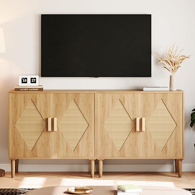 IDEALHOUSE Buffet Cabinet with Storage, Storage Cabinet with 2 Rattan Decorated, Sideboard Cabinets, Accent Cabinets for Living Room, Dining Room, Entryway, Natural