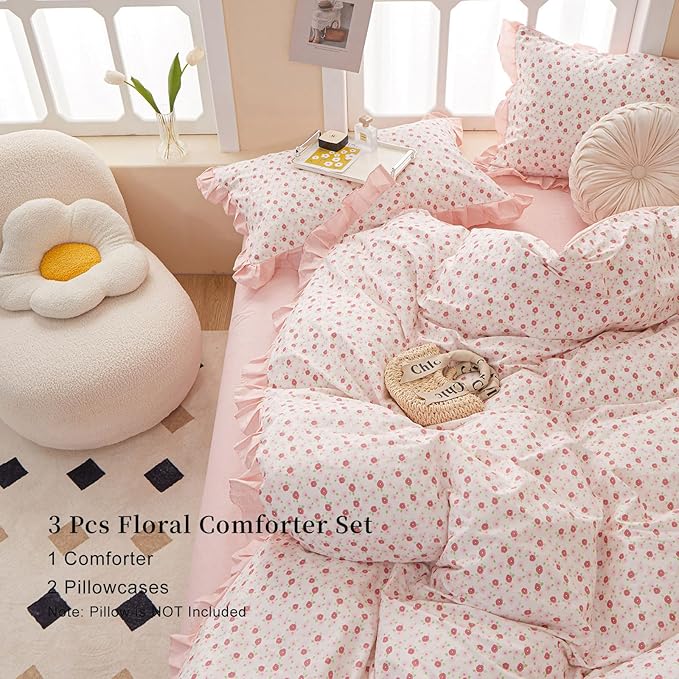 EAVD French Style Garden Pink Floral Comforter Set Queen Girls Fluffy Soft Microfiber Chic Shabby Floral Bedding Set with 2 Pillowcases Fresh Ruffled Botanical Comforter Set for All-Season